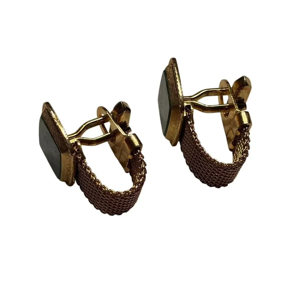 Vintage Mid Century Wrap Cufflinks goldtone mesh & green faux marble classics